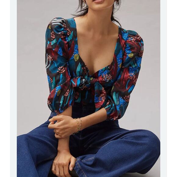 Anthropologie Eva Franco Tropical Sweetheart Tie-Front Blouse Size 6 Bohemian - Picture 1 of 15